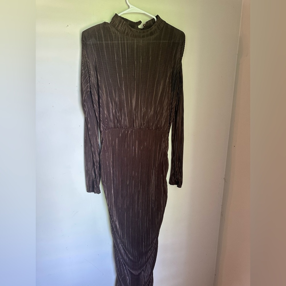 Boohoo Dark Brown Sheath Dress with Bishop Sleeves for Cocktail size 14
